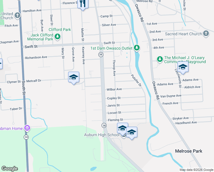 map of restaurants, bars, coffee shops, grocery stores, and more near 118 Lake Avenue in Auburn
