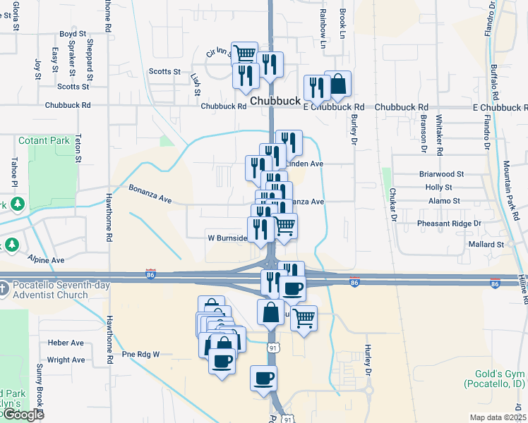 map of restaurants, bars, coffee shops, grocery stores, and more near Knudsen Boulevard in Chubbuck