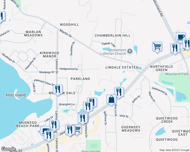 map of restaurants, bars, coffee shops, grocery stores, and more near S70W16733 Hedgewood Drive in Muskego