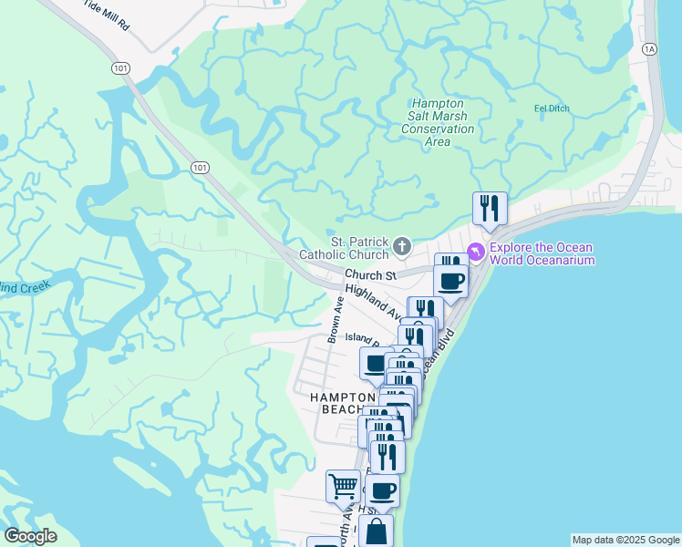 map of restaurants, bars, coffee shops, grocery stores, and more near 76 Church Street in Hampton
