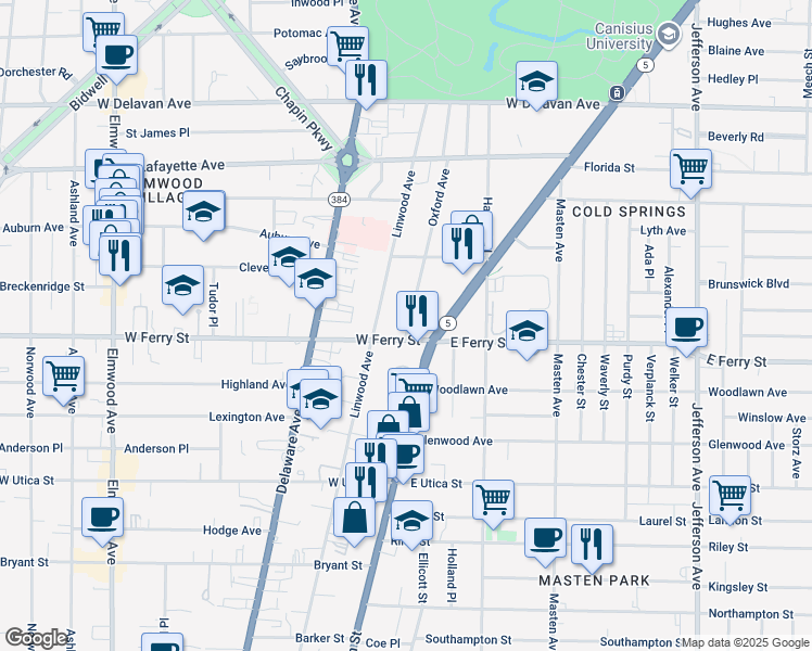 map of restaurants, bars, coffee shops, grocery stores, and more near 42 Oxford Avenue in Buffalo