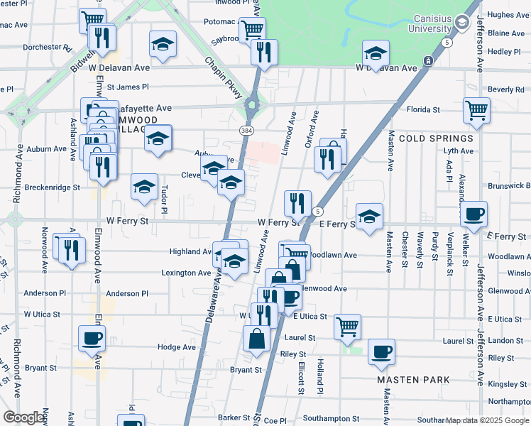 map of restaurants, bars, coffee shops, grocery stores, and more near 510 Linwood Avenue in Buffalo