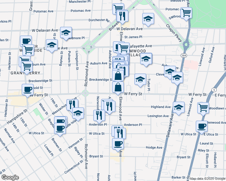 map of restaurants, bars, coffee shops, grocery stores, and more near 712 Elmwood Avenue in Buffalo