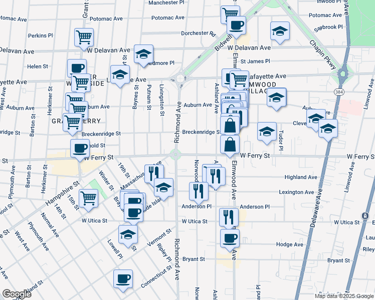 map of restaurants, bars, coffee shops, grocery stores, and more near 424 Norwood Avenue in Buffalo
