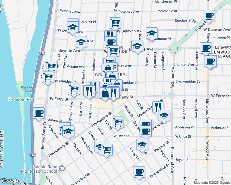 map of restaurants, bars, coffee shops, grocery stores, and more near 327 Breckenridge Street in Buffalo