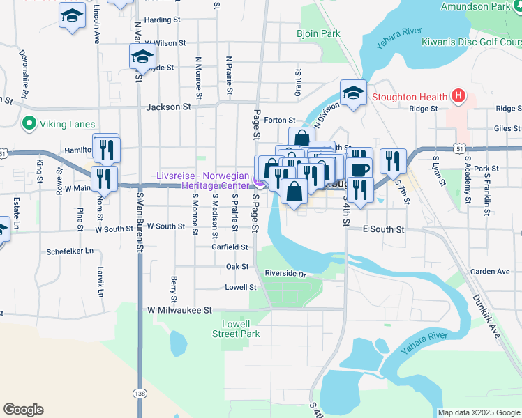 map of restaurants, bars, coffee shops, grocery stores, and more near 277 West Main Street in Stoughton