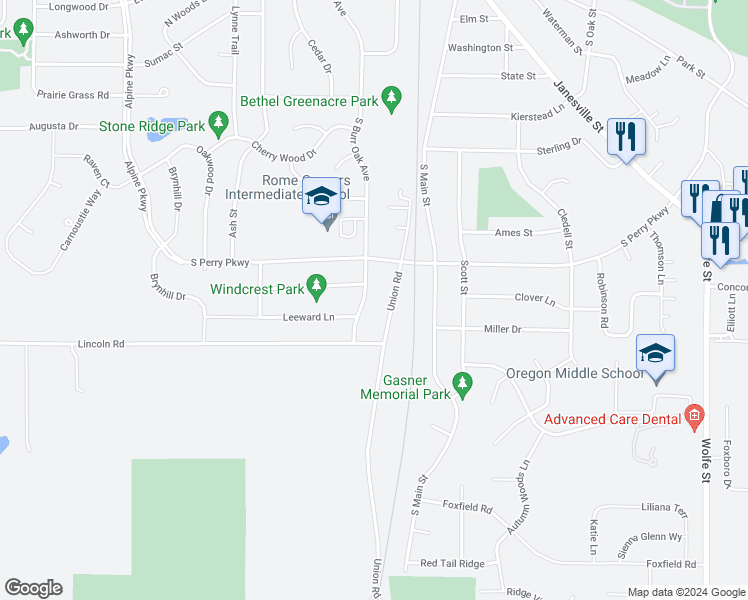 map of restaurants, bars, coffee shops, grocery stores, and more near 608 South Burr Oak Avenue in Oregon