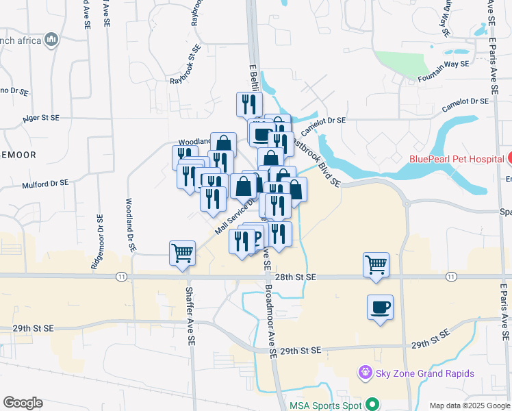 map of restaurants, bars, coffee shops, grocery stores, and more near 2605 East Beltline Avenue Southeast in Grand Rapids