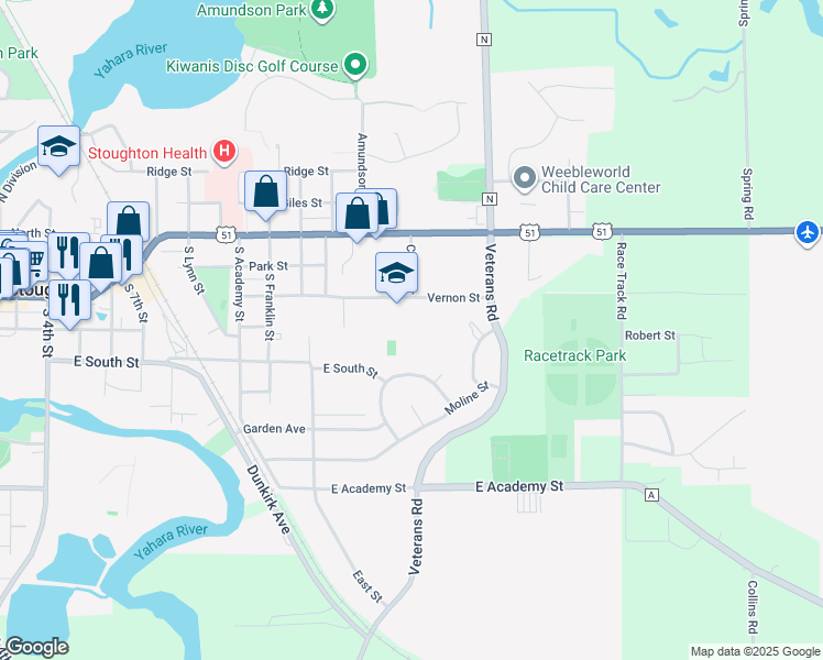 map of restaurants, bars, coffee shops, grocery stores, and more near 1400 Vernon Street in Stoughton
