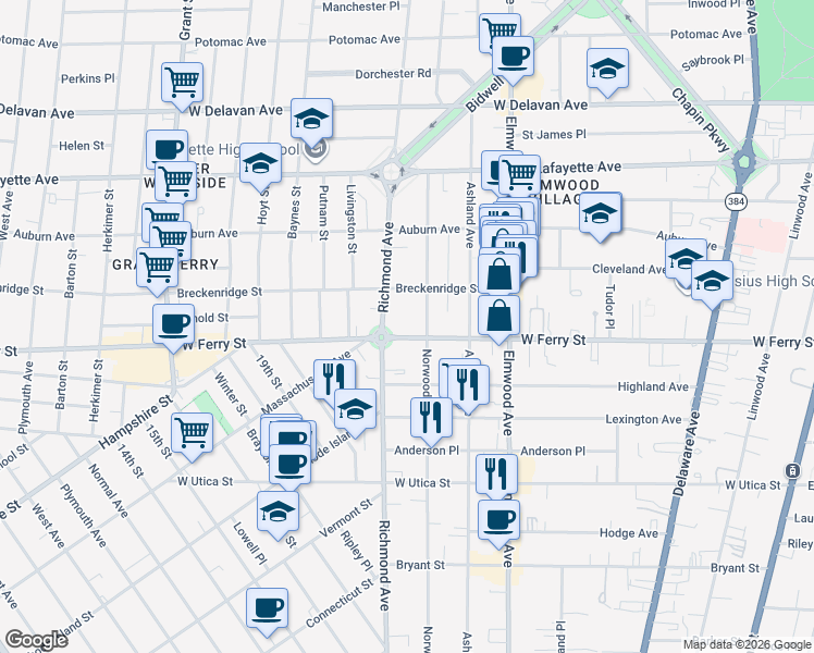 map of restaurants, bars, coffee shops, grocery stores, and more near 424 Norwood Avenue in Buffalo