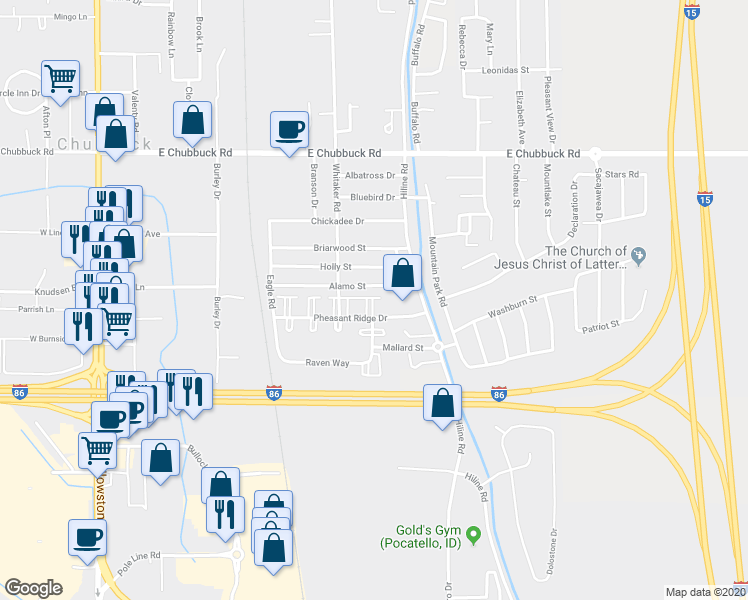 map of restaurants, bars, coffee shops, grocery stores, and more near 584 Pheasant Ridge Drive in Pocatello