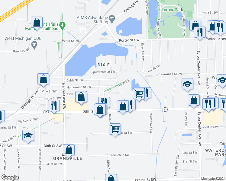 map of restaurants, bars, coffee shops, grocery stores, and more near 2910 Lee Street Southwest in Grandville