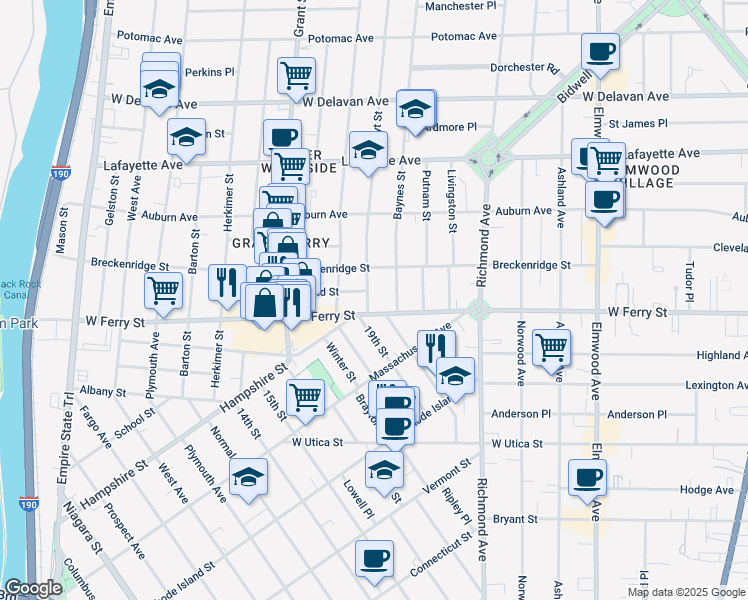 map of restaurants, bars, coffee shops, grocery stores, and more near 11 Hoyt Street in Buffalo