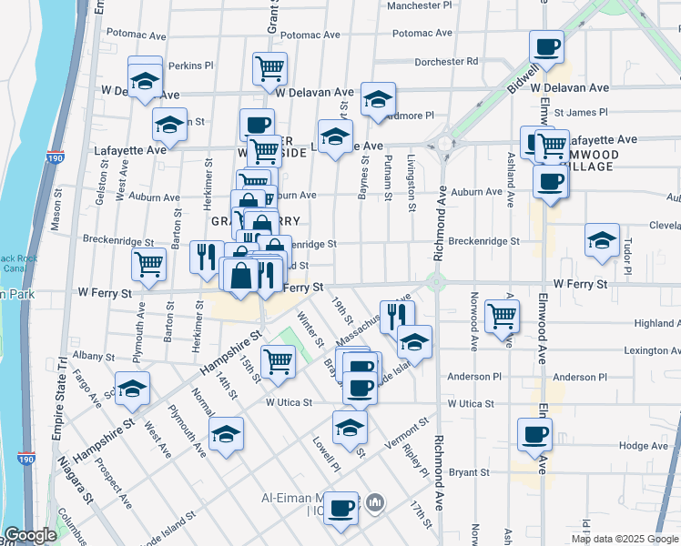 map of restaurants, bars, coffee shops, grocery stores, and more near 11 Hoyt Street in Buffalo