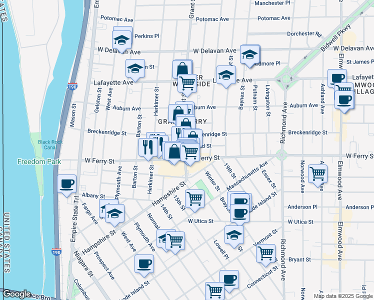 map of restaurants, bars, coffee shops, grocery stores, and more near 96 Grant Street in Buffalo