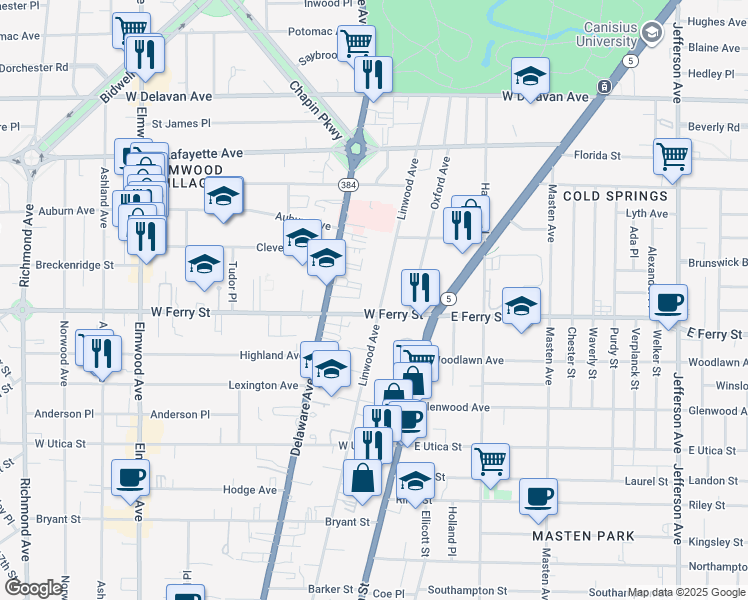 map of restaurants, bars, coffee shops, grocery stores, and more near 510 Linwood Avenue in Buffalo