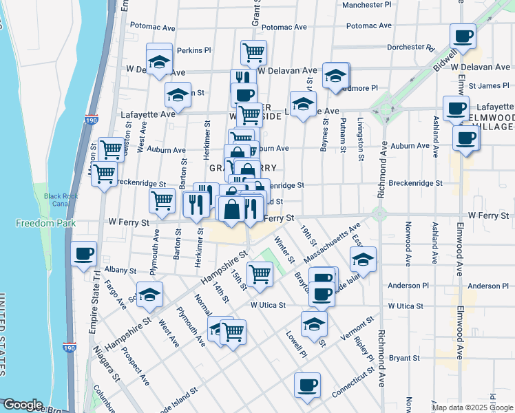 map of restaurants, bars, coffee shops, grocery stores, and more near 327 Breckenridge Street in Buffalo
