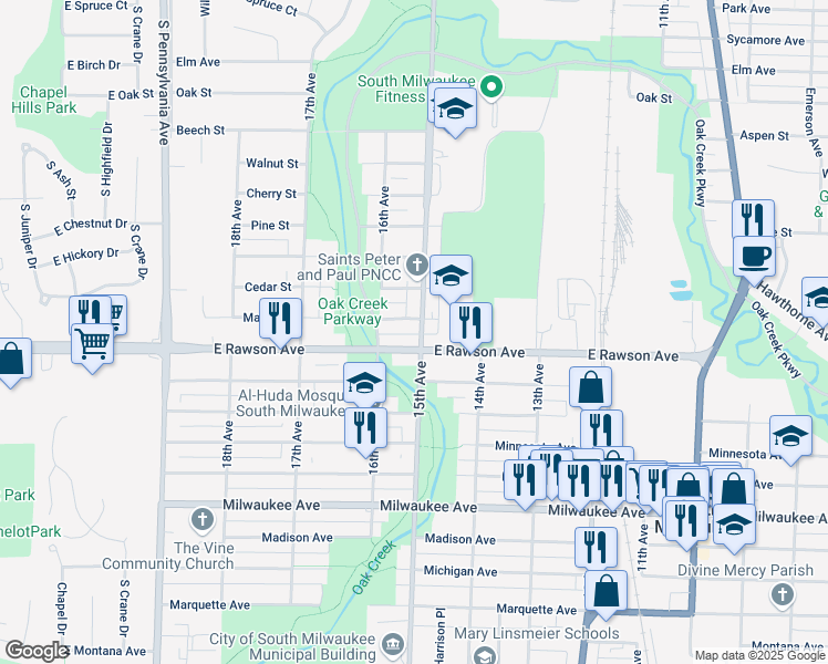 map of restaurants, bars, coffee shops, grocery stores, and more near 1520 15th Avenue in South Milwaukee