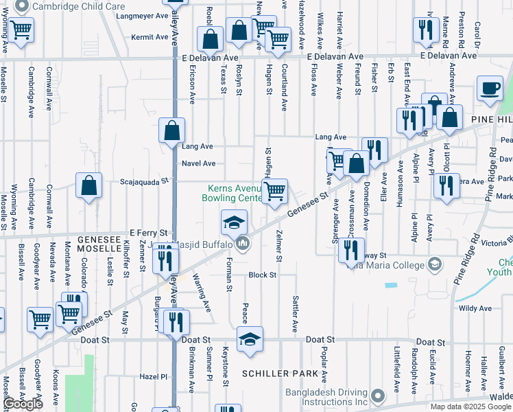 map of restaurants, bars, coffee shops, grocery stores, and more near 65 Newburgh Avenue in Buffalo