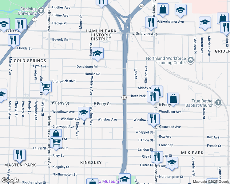 map of restaurants, bars, coffee shops, grocery stores, and more near 206 Butler Avenue in Buffalo