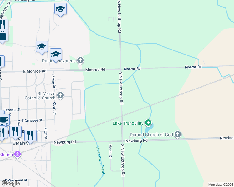 map of restaurants, bars, coffee shops, grocery stores, and more near 5652 South New Lothrop Road in Durand