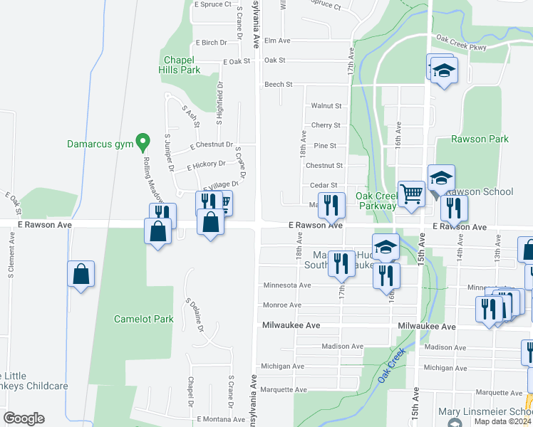map of restaurants, bars, coffee shops, grocery stores, and more near 1401 Nicholson Avenue in South Milwaukee