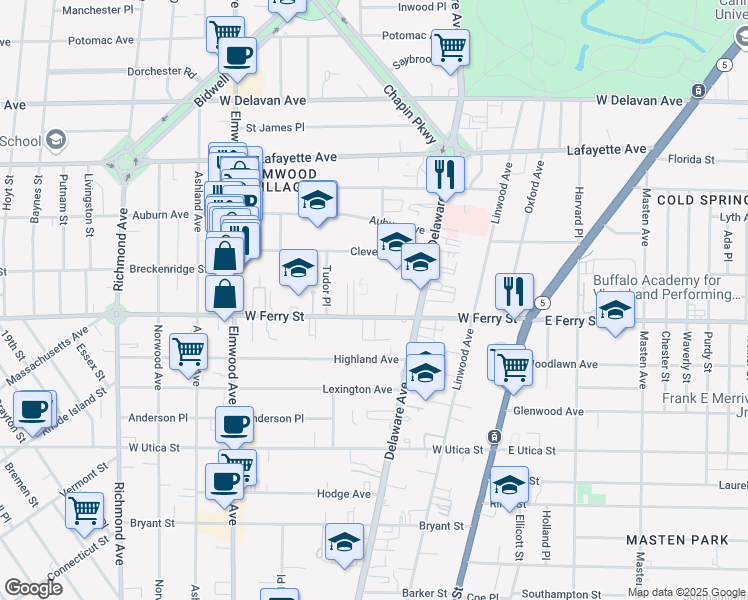 map of restaurants, bars, coffee shops, grocery stores, and more near 784 West Ferry Street in Buffalo