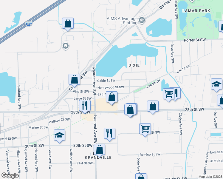 map of restaurants, bars, coffee shops, grocery stores, and more near 3077 Homewood Street Southwest in Grandville