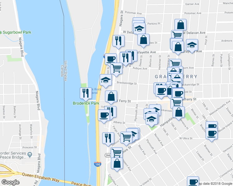 map of restaurants, bars, coffee shops, grocery stores, and more near 1195 Niagara Street in Buffalo