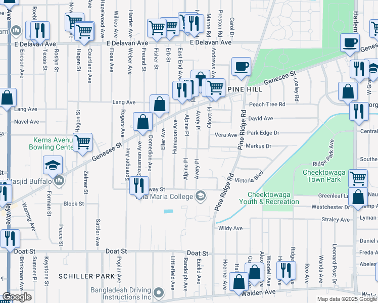 map of restaurants, bars, coffee shops, grocery stores, and more near 75 Avery Place in Buffalo