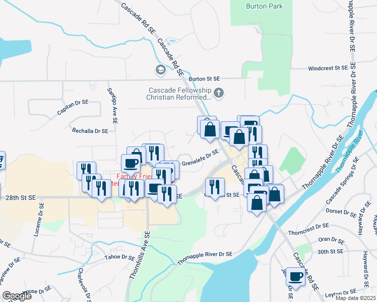 map of restaurants, bars, coffee shops, grocery stores, and more near 2664 Wyndham Drive Southeast in Grand Rapids
