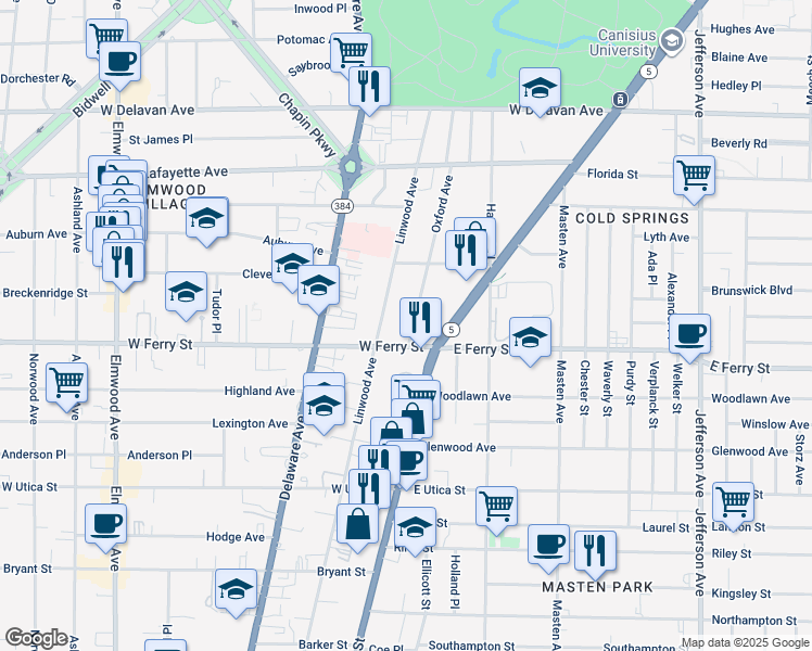 map of restaurants, bars, coffee shops, grocery stores, and more near 42 Oxford Avenue in Buffalo
