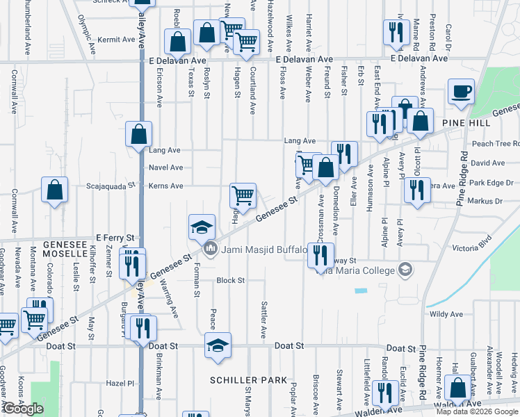 map of restaurants, bars, coffee shops, grocery stores, and more near 2050 Genesee Street in Buffalo