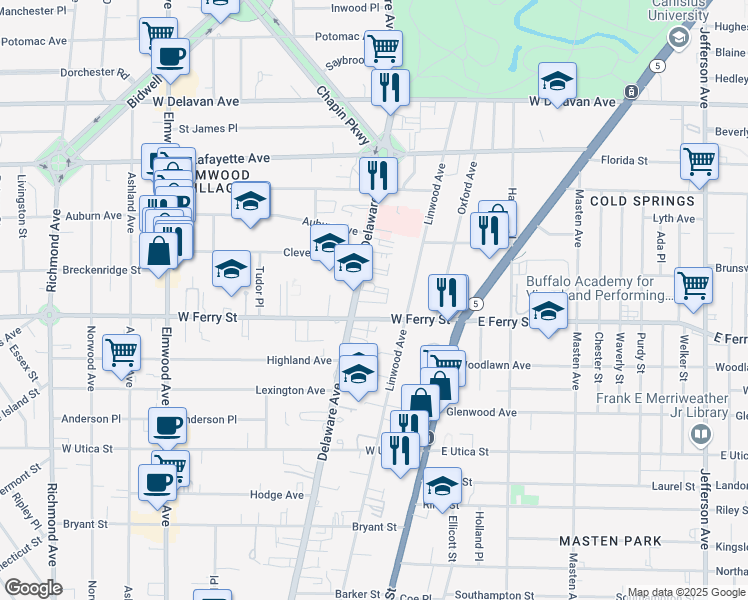 map of restaurants, bars, coffee shops, grocery stores, and more near 1193 Delaware Avenue in Buffalo
