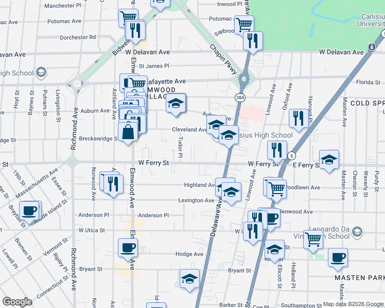 map of restaurants, bars, coffee shops, grocery stores, and more near 784 West Ferry Street in Buffalo