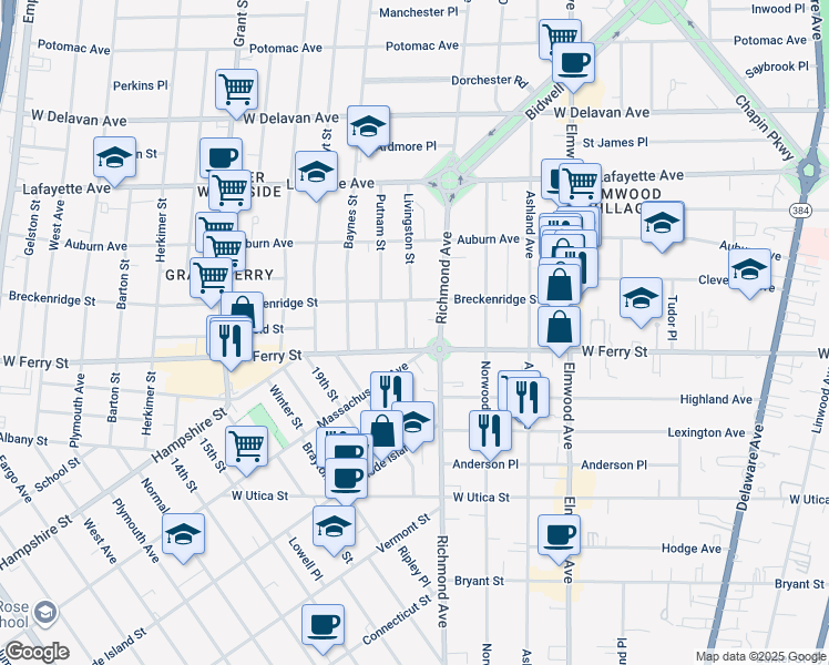 map of restaurants, bars, coffee shops, grocery stores, and more near 32 Livingston Street in Buffalo