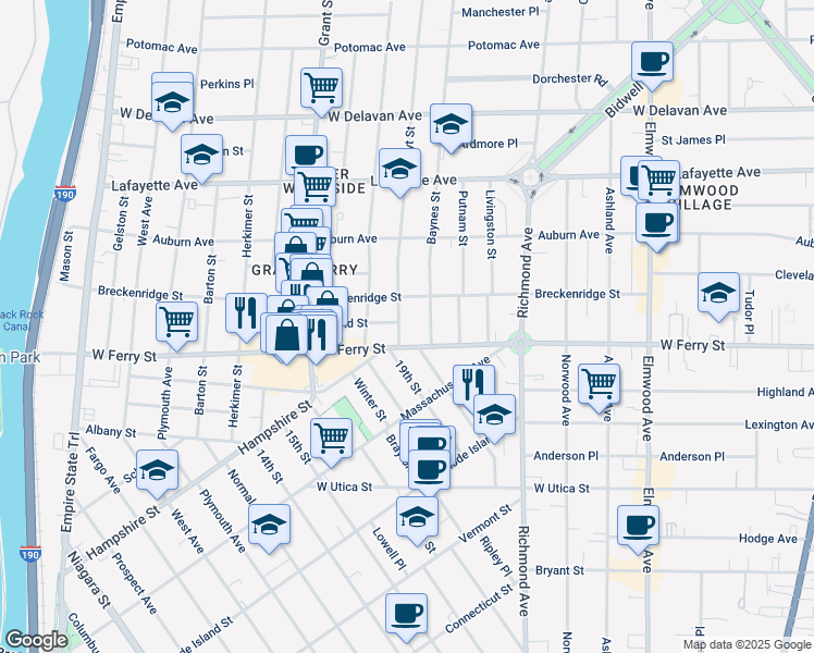 map of restaurants, bars, coffee shops, grocery stores, and more near 35 Hoyt Street in Buffalo