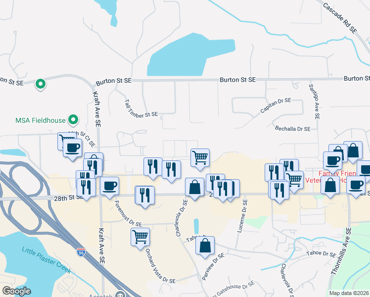 map of restaurants, bars, coffee shops, grocery stores, and more near 2617 Springmill Avenue Southeast in Grand Rapids
