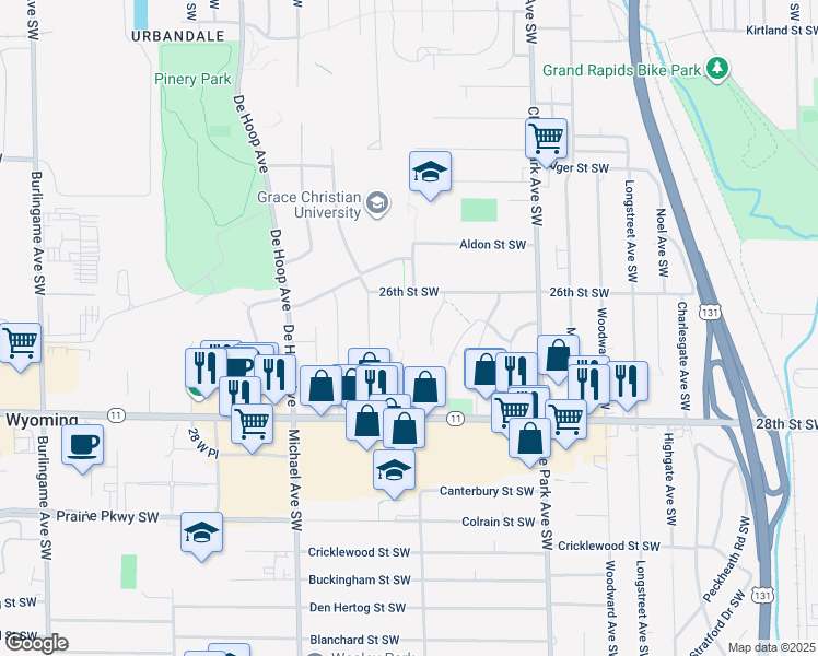 map of restaurants, bars, coffee shops, grocery stores, and more near 2621 Poe Avenue Southwest in Wyoming