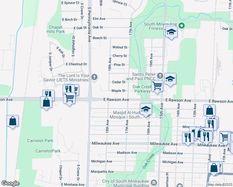 map of restaurants, bars, coffee shops, grocery stores, and more near 1724 Maple Street in South Milwaukee