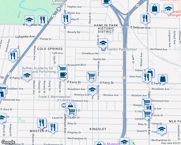 map of restaurants, bars, coffee shops, grocery stores, and more near 69 Butler Avenue in Buffalo