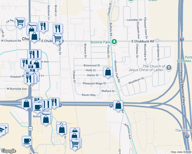map of restaurants, bars, coffee shops, grocery stores, and more near 532 Alamo Street in Pocatello