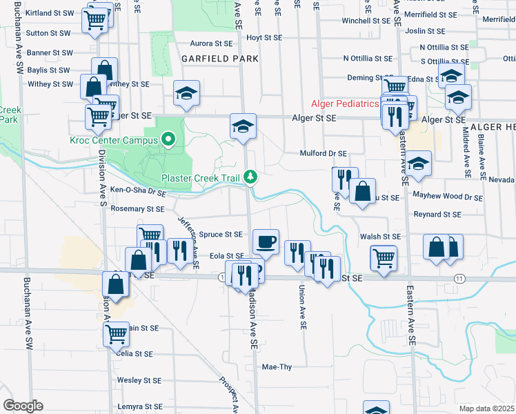 map of restaurants, bars, coffee shops, grocery stores, and more near 433 Rosemary Street Southeast in Grand Rapids