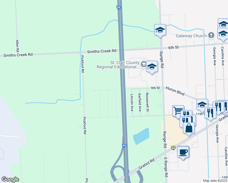 map of restaurants, bars, coffee shops, grocery stores, and more near 4677 9th Street in Smiths Creek