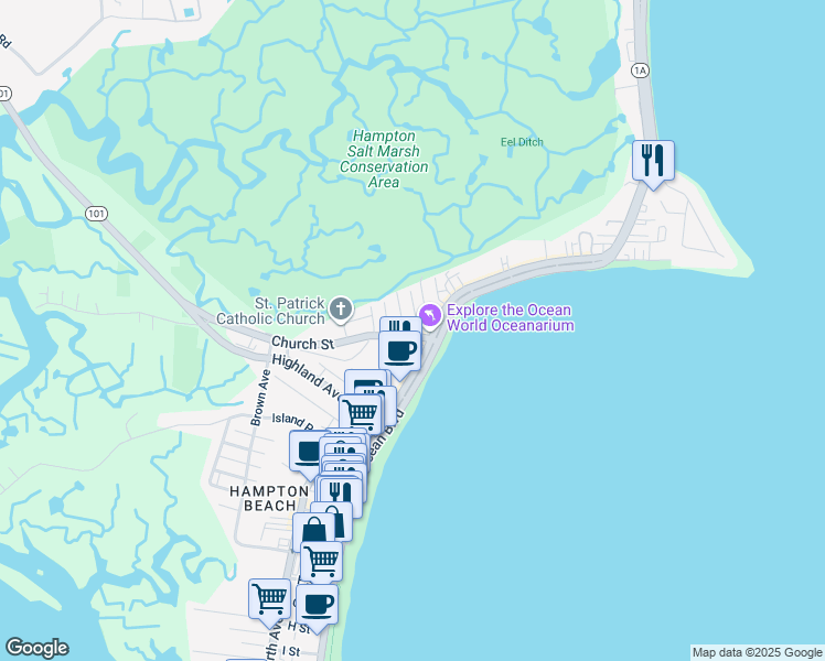 map of restaurants, bars, coffee shops, grocery stores, and more near 12 Fuller Acres in Hampton