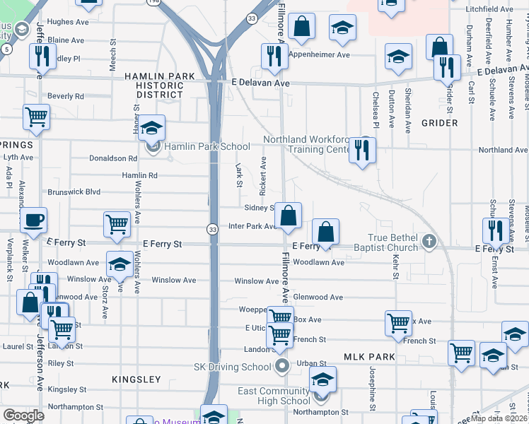 map of restaurants, bars, coffee shops, grocery stores, and more near 84 Sidney Street in Buffalo