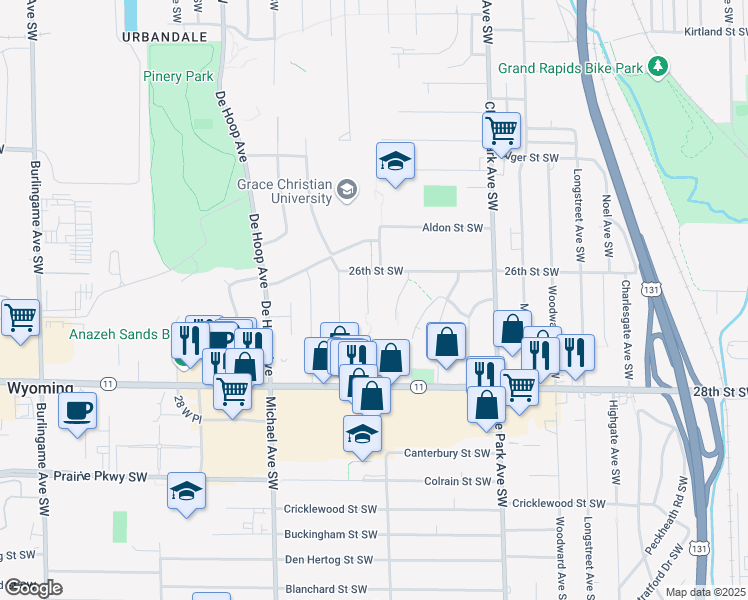 map of restaurants, bars, coffee shops, grocery stores, and more near 2621 Poe Avenue Southwest in Wyoming