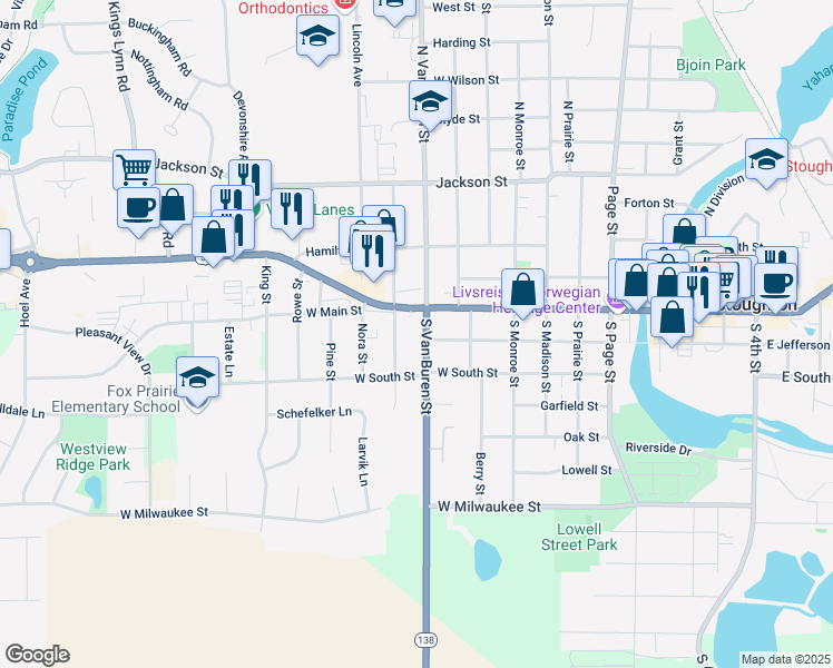 map of restaurants, bars, coffee shops, grocery stores, and more near 817 West Main Street in Stoughton