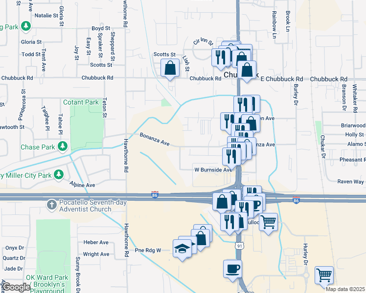 map of restaurants, bars, coffee shops, grocery stores, and more near Knudsen Boulevard in Chubbuck