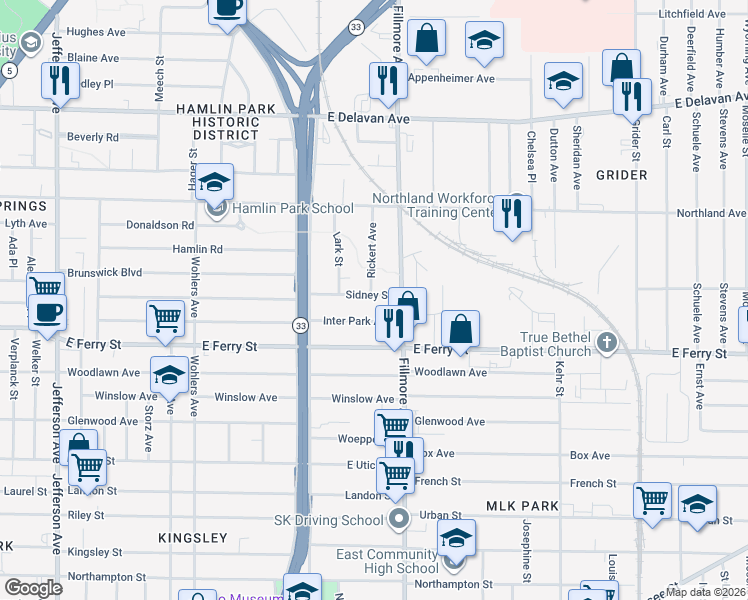 map of restaurants, bars, coffee shops, grocery stores, and more near 84 Sidney Street in Buffalo